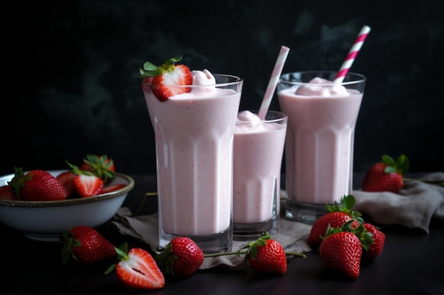 Trois verres de milkshake aux fraises avec des fraises sur un tableau noir.