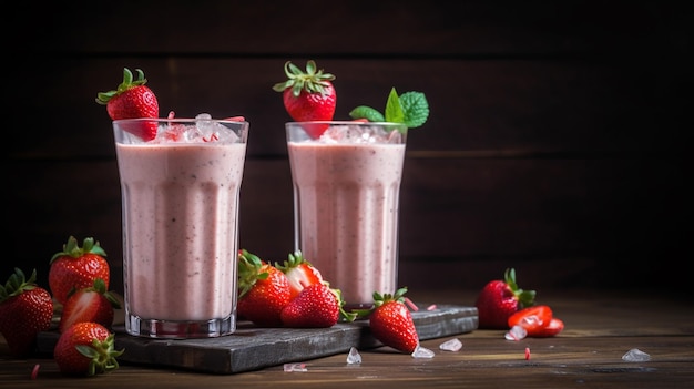 Trois verres de milkshake aux fraises sur une table en bois