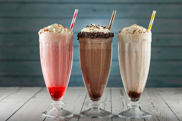 Trois verres de milkshake aux saveurs assorties. Milkshake au chocolat, vanille et fraise.