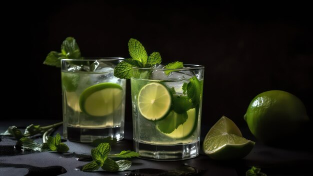 Trois verres de mojito aux citrons verts sur fond sombre