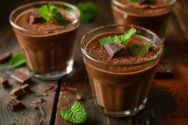 Trois verres de pudding au chocolat avec de la menthe