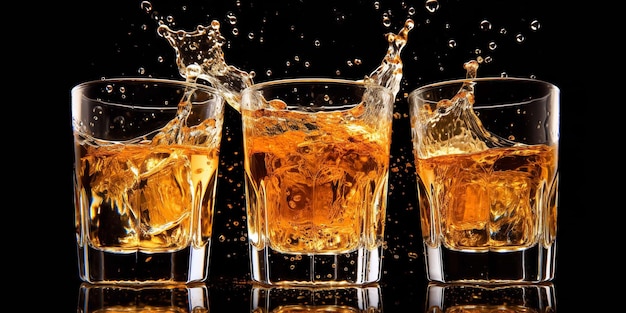 Trois verres de whisky et une éclaboussure sur un fond noir IA générative