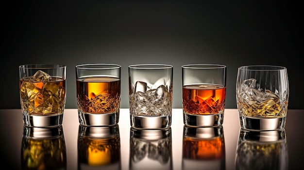 trois verres de whisky avec des glaces dedans.