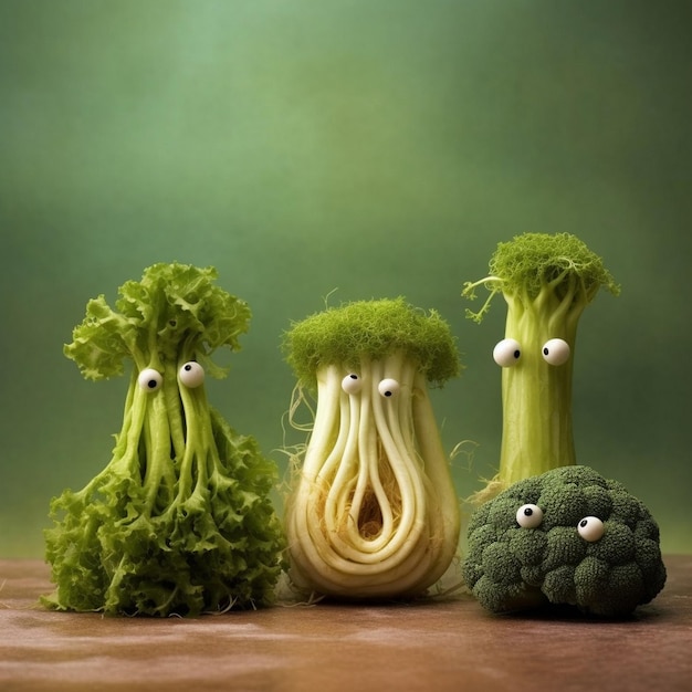 trois visages de brocoli sont représentés, l'un d'eux portant un visage dessiné dessus.