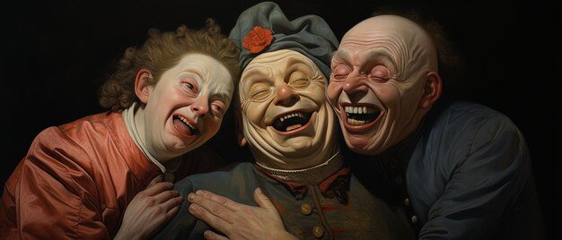 Photo les trois visages de clowns sourient et rient.