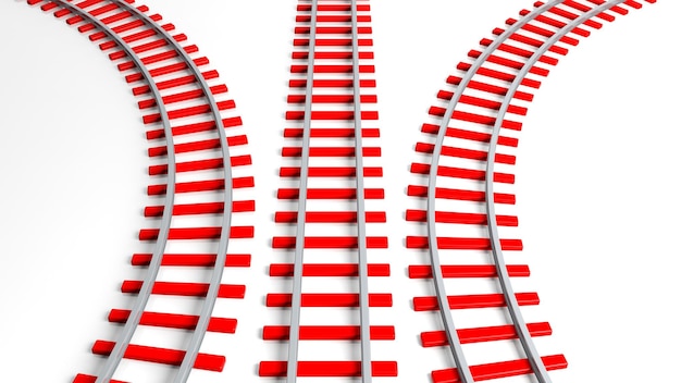 Trois voies ferrées rouges de rendu 3D isolées sur blanc