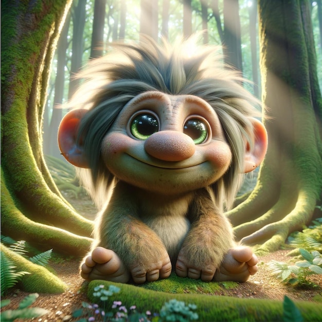 Troll de forêt mignon dans une forêt magique personnage de jeu arrière-plan de conte de fées