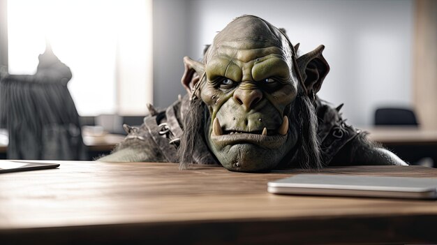 Photo un troll avec une tablette sur la table