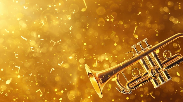 Trompette entourée de notes musicales sur un fond doré festif avec des effets bokeh étincelants