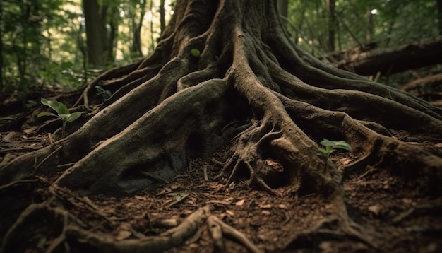 Tronc d'arbre ancien entrelacé avec la force de la nature générée par l'IA