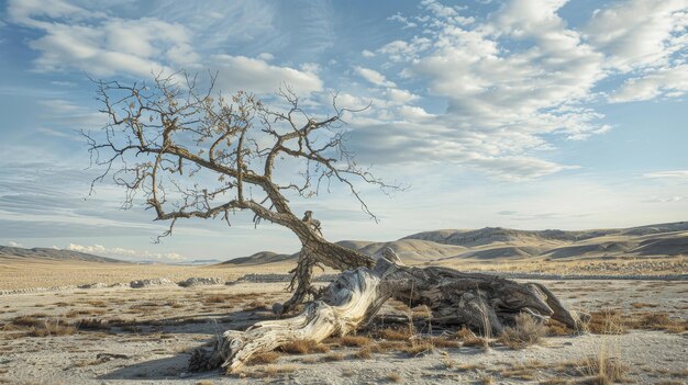 Un tronc d'arbre est étendu sur le sol dans un désert