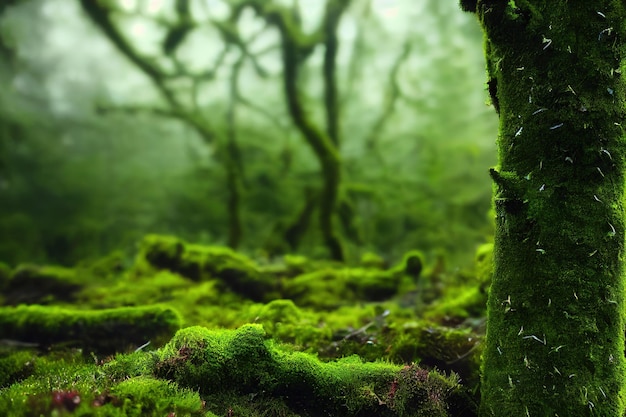 Tronc d'arbre moussu et mousse sur le sol forestier