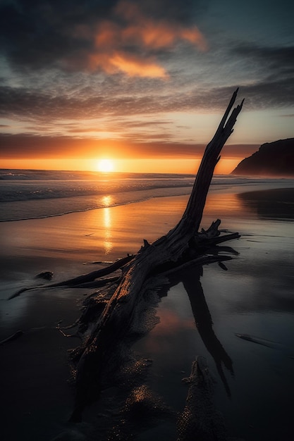 Un tronc d'arbre sur la plage au coucher du soleil