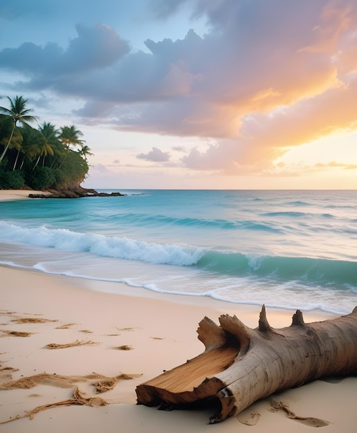 Photo un tronc d'arbre sur une plage de sable avec un océan tropical et un ciel au coucher du soleil en arrière-plan