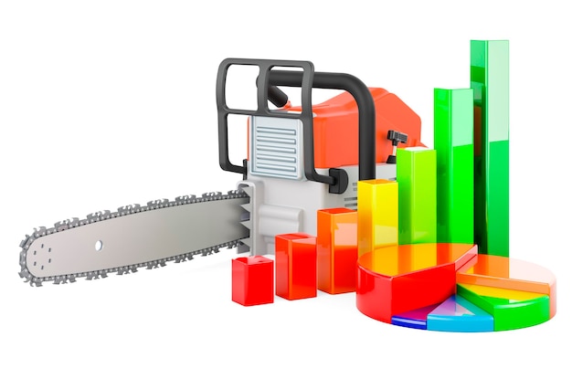 Tronçonneuse avec graphique à barres de croissance et graphique à secteurs rendu 3D isolé sur fond blanc