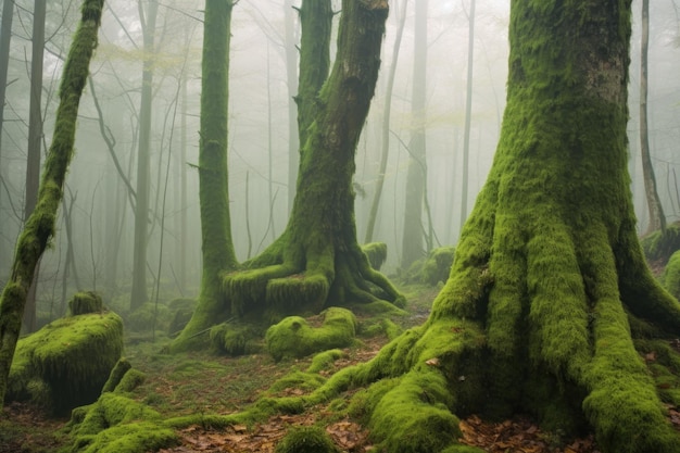 Troncs d'arbres recouverts de mousse dans une forêt brumeuse créés avec une IA générative