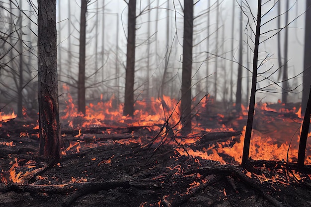 Les troncs de bois brûlés dans les incendies de forêt Les incendies de forêt brûlent tout le concept naturel