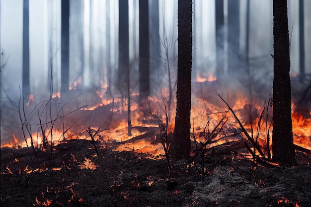 Les troncs de bois brûlés dans les incendies de forêt Les incendies de forêt brûlent tout le concept naturel