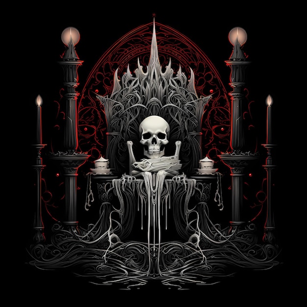 trône de crâne et bougies t-shirt tatouage design illustration d'art sombre isolé sur fond noir