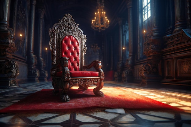 un trône est assis sur un tapis rouge