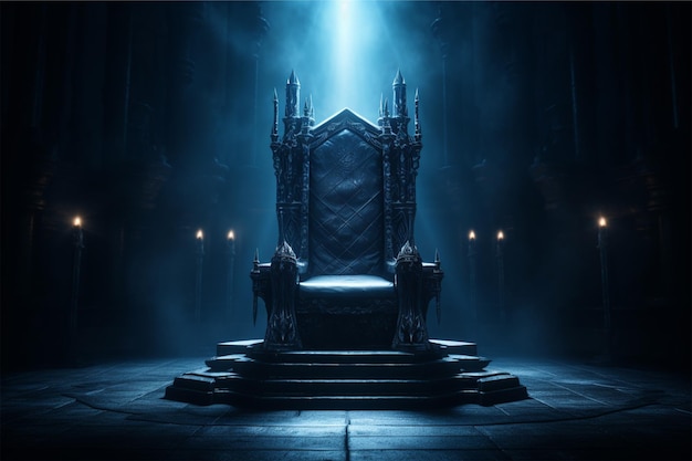 Un trône lumineux est assis sur une scène sombre avec une lueur bleue