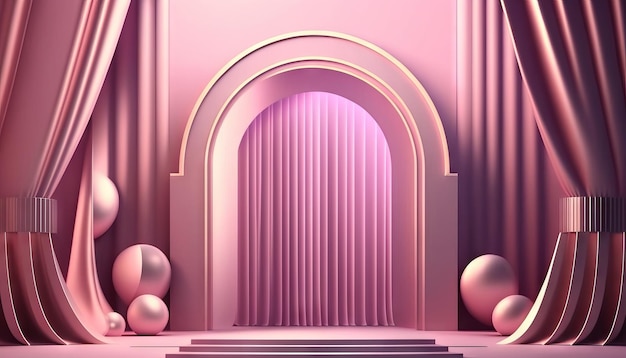 Trophée d'arrière-plan du prix de la scène du rideau pastel rose sur tapis rose fond pastel ai génératif