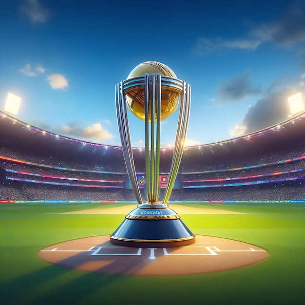 Photo le trophée de la coupe du monde de cricket réaliste icc odi est à l'arrière-plan du stade de cricket.