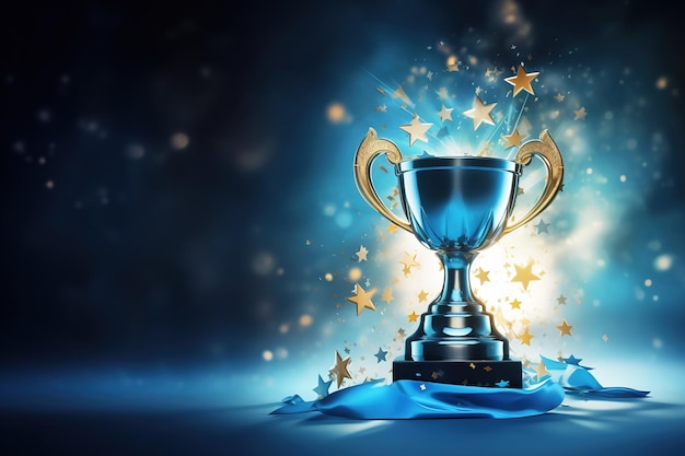 Trophée du gagnant de l'IA générative avec une coupe de champion d'or bleu flammes avec des confettis qui tombent