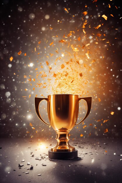 Photo trophée du gagnant de l'ia générative avec la coupe du champion d'or des flammes avec des confettis tombant sur fond vertical sombrex9