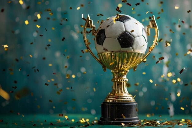 Un trophée de football doré brille avec des confettis étincelants sur un fond bokeh éclairé par le soleil