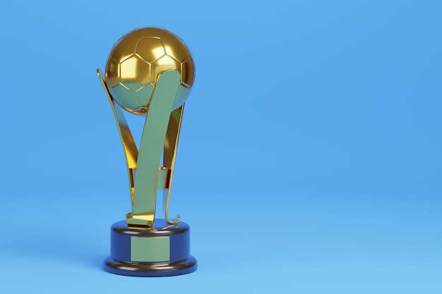 Trophée de football d'or en forme de ballon isolé sur fond bleu avec copie espace illustration 3d