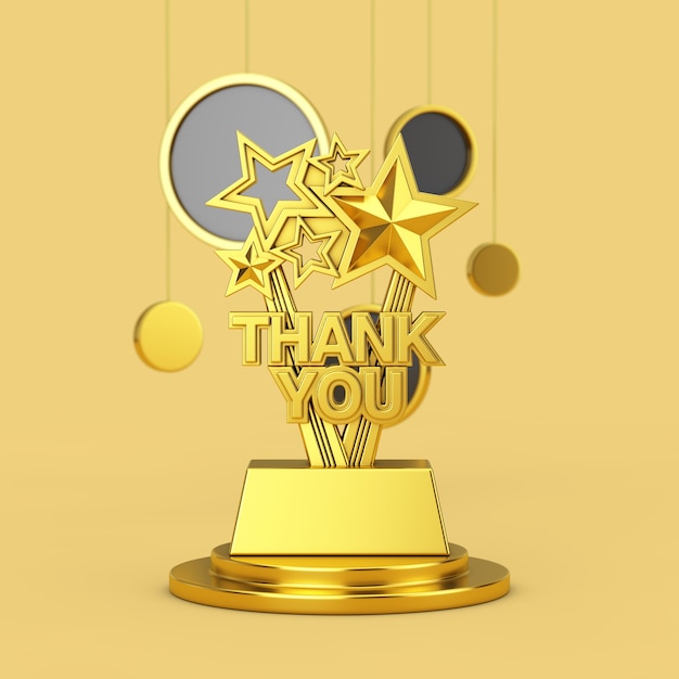 Trophée Golden Award avec signe de remerciement sur un piédestal doré avec des cercles abstraits suspendus sur fond jaune. Rendu 3D