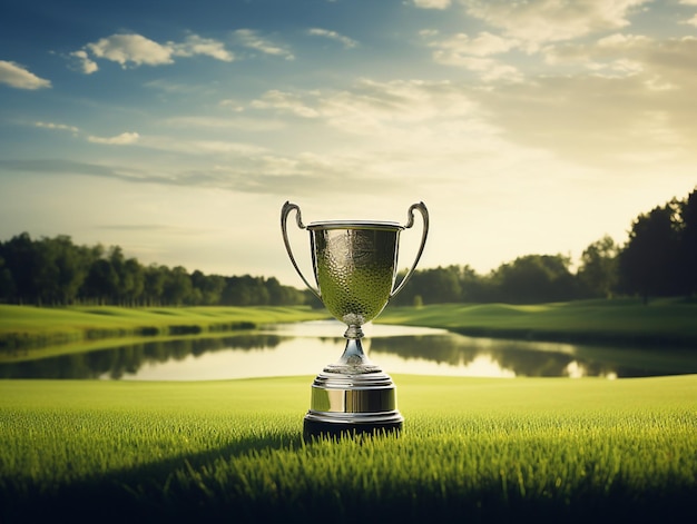 un trophée avec un lac en arrière-plan