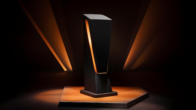 Un trophée noir et orange est exposé.