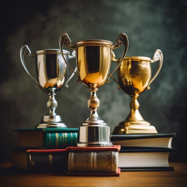 Photo trophée d'or, d'argent et de bronze pour le champion sur le podium