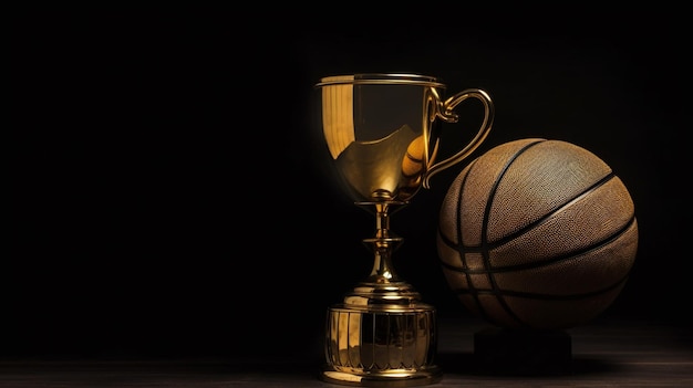 Un trophée d'or et un ballon de basket sur fond noir