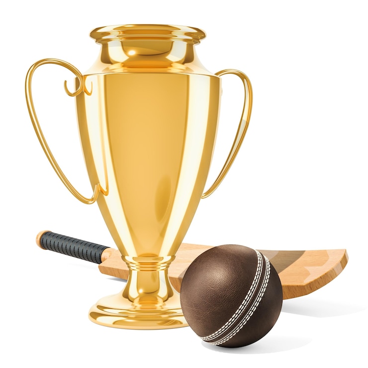 Photo trophée d'or avec une batte de cricket et une balle en 3d