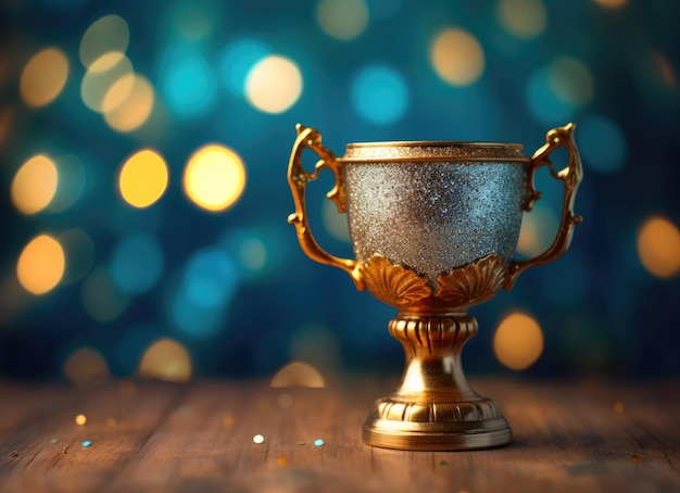 Trophée d'or champion placé sur une table en bois avec un espace de copie de fond sombre prêt pour votre concept de victoire de conception