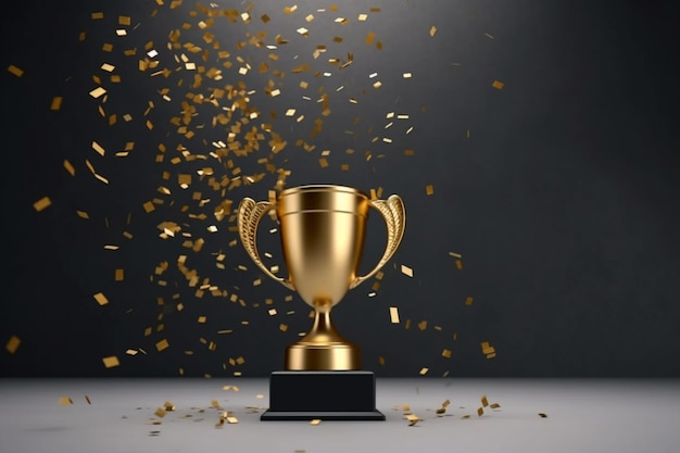 Trophée d'or avec chute de confettis sur fond gris espace de copie pour le texte Gagnant du concours