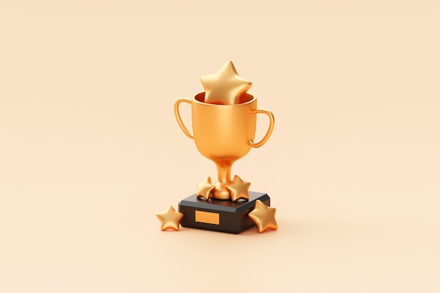 Trophée d'or cinq étoiles symbole de récompense de réussite sur la réalisation fond 3d du meilleur prix du gagnant de l'examen des commentaires des clients ou taux de classement de la qualité supérieure de la victoire dorée et excellente satisfaction