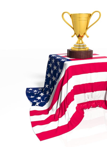 Photo trophée d'or avec drapeau américain isolé sur blanc