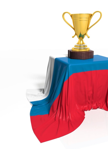 Trophée d'or avec drapeau russe isolé sur blanc