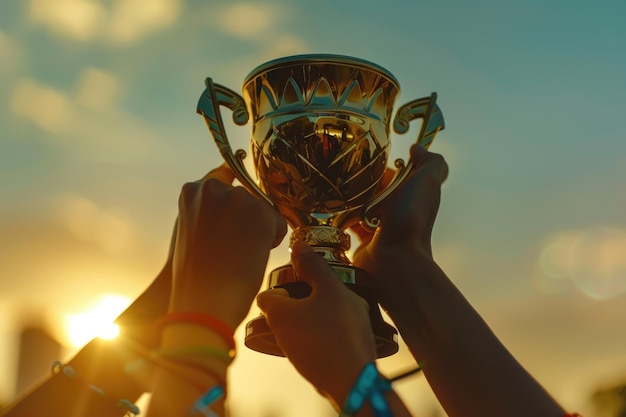 Photo trophée d'or remporté par l'équipe championne dans une compétition sportive