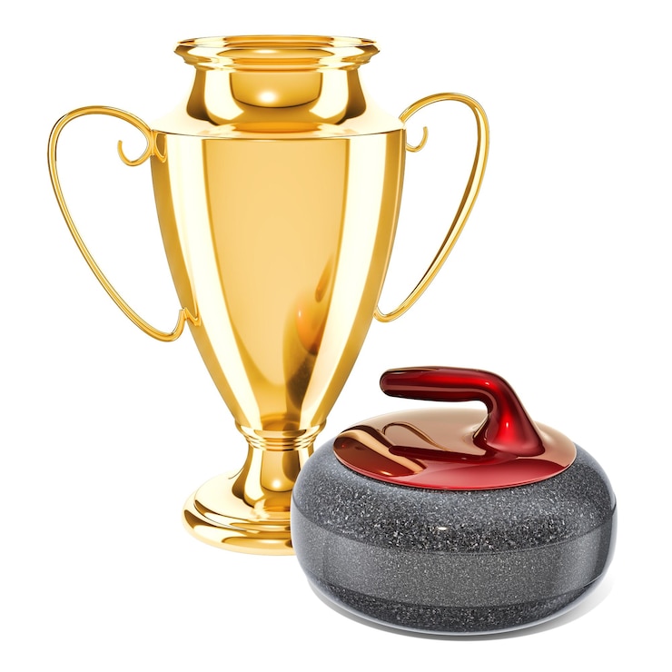 Photo trophée d'or et rendu 3d du curling