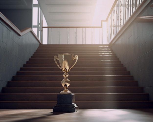 Un trophée qui est sur un escalier avec une lumière qui brille dessus