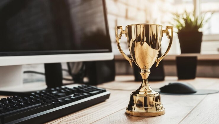 Photo trophée remis à un champion d'un tournoi d'esports sur une table de jeu