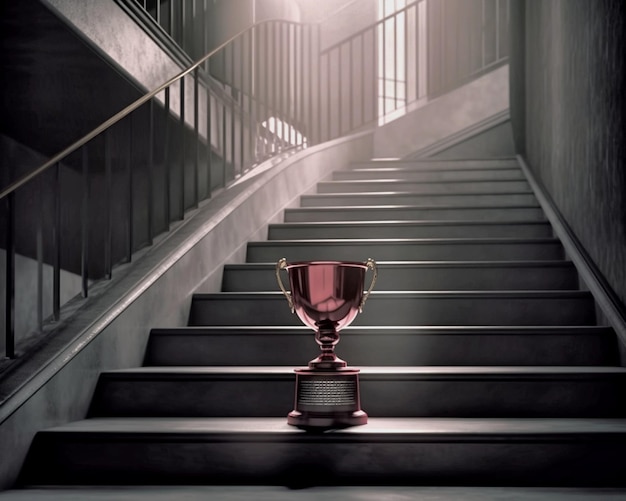 Un trophée se trouve sur un escalier dans une pièce sombre