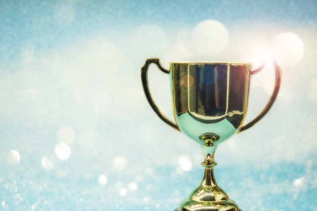 trophée sur la table en bois et le bokeh de fond.