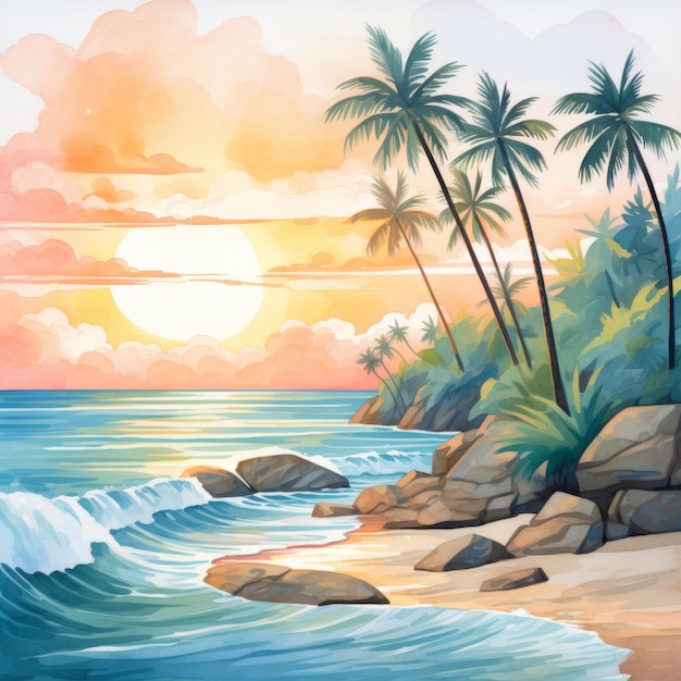 Tropical Coast Aquarelle Peinture Sunset Beach Avec Des Palmiers