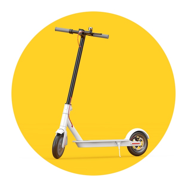 Trottinette électrique Eco moderne blanche sur fond blanc et jaune. Rendu 3D